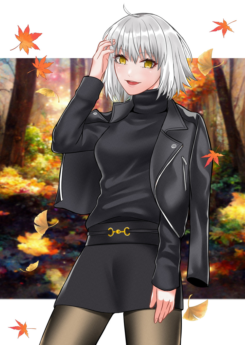 1girl absurdres black_jacket black_skirt black_sweater breasts brown_pantyhose fate/grand_order fate_(series) grey_hair highres jacket jacket_on_shoulders jeanne_d'arc_alter_(avenger)_(fate) jeanne_d'arc_alter_(fate) large_breasts long_sleeves looking_at_viewer open_mouth pantyhose short_hair skirt smile solo sweater tomotomow00w turtleneck turtleneck_sweater yellow_eyes