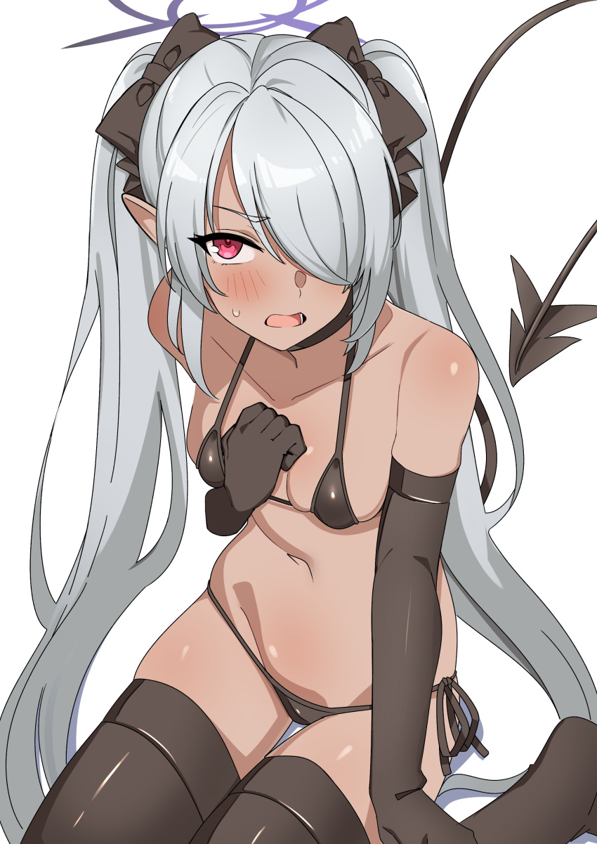 1girl absurdres bikini black_bikini black_bow black_choker black_gloves black_thighhighs blue_archive blush bow breasts choker commentary_request dark-skinned_female dark_skin demon_tail elbow_gloves gloves grey_hair hair_bow hair_over_one_eye halo highres iori_(blue_archive) iori_(swimsuit)_(blue_archive) long_hair navel open_mouth pointy_ears red_eyes seihekiog simple_background sitting small_breasts solo stomach sweatdrop swimsuit tail thighhighs twintails very_long_hair white_background