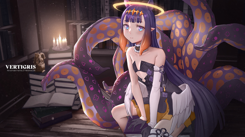 1girl artist_name asymmetrical_sleeves bare_shoulders blue_eyes blunt_bangs book book_stack candle feathered_wings flat_chest glowing gradient_hair halo highres hololive hololive_english long_hair looking_at_viewer multicolored_hair ninomae_ina'nis orange_hair pointy_ears purple_hair sidelocks solo tentacle_hair tentacles vertigris very_long_hair virtual_youtuber white_wings wings