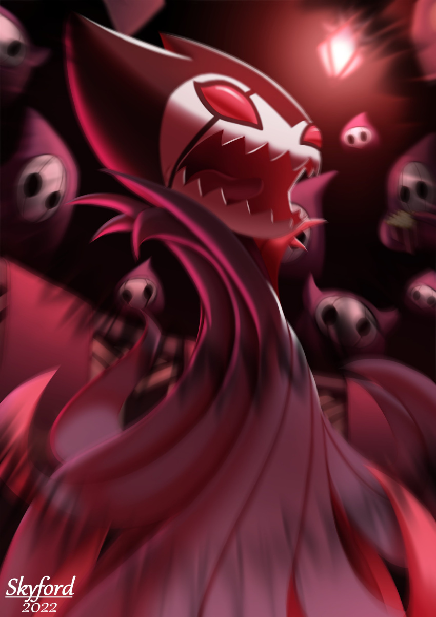 2022 absurd_res ambiguous_gender animal_humanoid arthropod arthropod_humanoid audience banner black_eyes cape clothed clothing detailed_background empty_eyes food grimm_(hollow_knight) grimmkin_master grimmkin_nightmare grimmkin_novice group hi_res holding_popcorn humanoid insect insect_humanoid jagged_mouth lamp lantern looking_at_another motion_blur open_mouth pink_eyes popcorn portrait radial_blur railing red_light red_theme screaming skyford solo_focus standing
