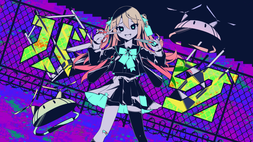 1girl :d absurdres asymmetrical_legwear bandaid bandaid_on_knee bandaid_on_leg barbed_wire boxcutter brown_hair bug_(vocaloid) chain-link_fence chair desk drone evil_smile fence floating floating_hair floating_object frown gradient_hair hair_ribbon hands_up high_contrast highres holding holding_boxcutter holding_scissors indie_virtual_youtuber kneehighs long_hair long_sleeves looking_at_viewer multicolored_hair neon_palette neuro-sama open_mouth pleated_skirt red_hair ribbon sailor_collar school_chair school_desk school_uniform scissors serafuku sharp_teeth shok_(shovelkun) single_kneehigh single_sock single_thighhigh skirt smile socks solo swarm_drone_(neuro-sama) symbol-shaped_pupils tag teeth thighhighs two_side_up uneven_legwear x-shaped_pupils |_|