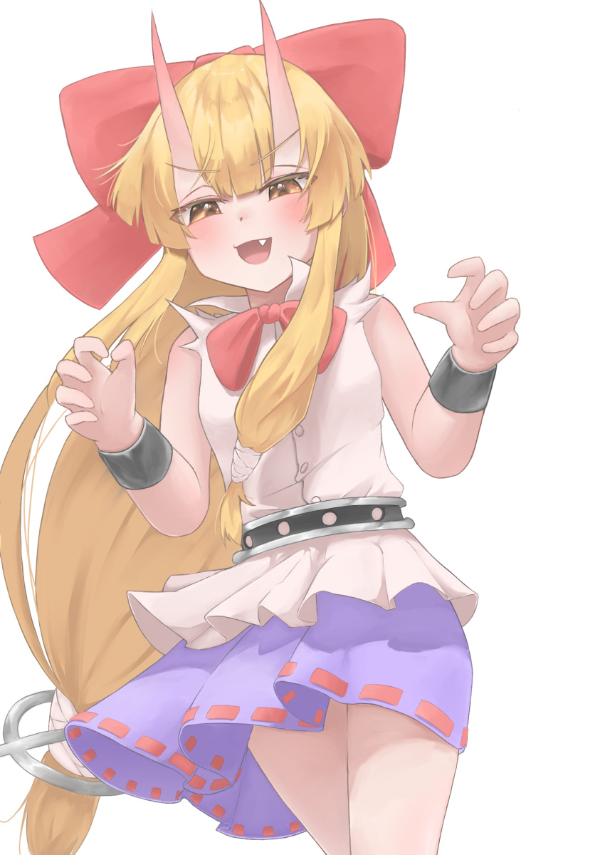 1girl :d alternate_horns blonde_hair blunt_bangs blush bow breasts buttons commentary_request cowboy_shot cuffs fang hair_bow highres horns ibuki_suika long_hair low-tied_long_hair medium_bangs open_mouth purple_skirt red_bow ribbon-trimmed_skirt ribbon_trim shirt sidelocks simple_background skin-covered_horns skirt sleeveless sleeveless_shirt small_breasts smile solo suwa_(au_swap) touhou v-shaped_eyebrows very_long_hair white_background white_shirt yellow_eyes