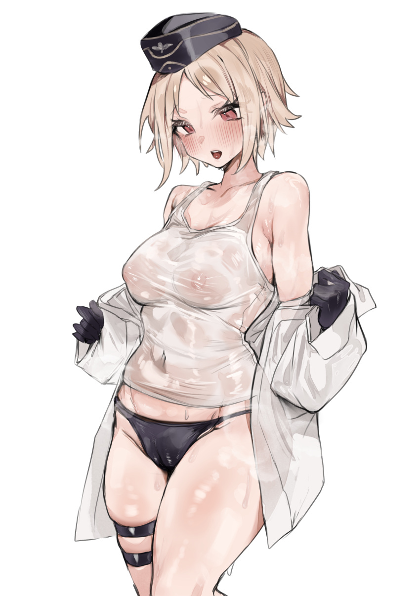 absurdres black_gloves black_panties blonde_hair blush breasts cameltoe collarbone commission covered_navel garrison_cap girls'_frontline gloves hat highres kiyomasa_(dangan) large_breasts looking_down military_hat mp40_(girls'_frontline) nipples no_bra non-web_source open_mouth panties red_eyes see-through see-through_shirt shirt short_hair skeb_commission skindentation steaming_body sweat tank_top thigh_strap underwear undressing white_background white_shirt white_tank_top