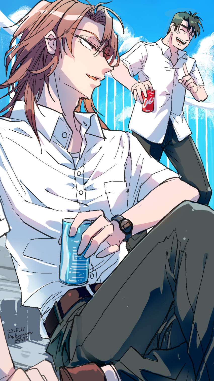 2boys artist_name belt black_eyes black_hair black_pants blue_sky breast_pocket brown_belt brown_hair can closed_eyes cloud coca-cola collared_shirt commentary_request dated day feet_out_of_frame highres holding holding_can ichijou_seiya index_finger_raised joukyou_seikatsuroku_ichijou kaiji long_hair looking_at_another male_focus medium_bangs multiple_boys murakami_tamotsu open_mouth outdoors pants pocket shirt short_hair sitting sky smile soda_can standing unknown03162 white_shirt