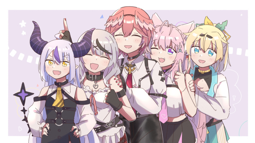 5girls ahoge animal_ears antenna_hair aqua_eyes ascot black_collar black_hairband black_horns black_nails blonde_hair braid braided_bangs breast_zipper camisole chest_sarashi closed_eyes collar crown_braid fang fingerless_gloves frilled_camisole frills gloves grey_hair hair_ornament hair_wings hairband hakui_koyori hakui_koyori_(1st_costume) haori hateyo heart_collar heart_pendant hexagon_hair_ornament highres hololive holox horns japanese_clothes kazama_iroha kazama_iroha_(1st_costume) la+_darknesss la+_darknesss_(1st_costume) leaf_hair_ornament leather_shorts long_hair multicolored_hair multiple_girls necktie one_eye_closed pearl_choker pink_hair pink_necktie pointy_ears ponytail purple_eyes purple_hair red_hair red_nails red_necktie sakamata_chloe sakamata_chloe_(1st_costume) sarashi shrug_(clothing) skin_fang streaked_hair striped_horns takane_lui takane_lui_(1st_costume) virtual_youtuber white_camisole wings wolf_ears x_hair_ornament yellow_ascot