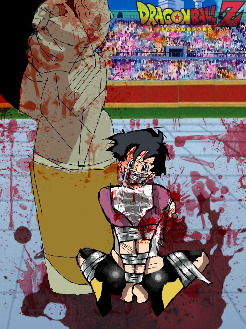 black_leggings blood blood_on_clothes blood_on_face blood_on_hands bound bound_arms bound_legs bound_wrists breasts bruise dragon_ball dragon_ball_z gag highres improvised_gag injury leggings nipples non-web_source ryona spopovich tape tape_bondage tape_gag tears tomboy videl