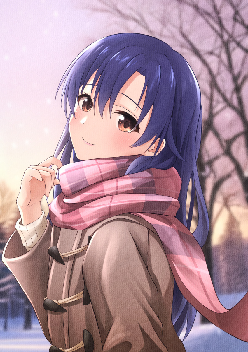 1girl absurdres b1ack_illust bare_tree blue_hair blurry blurry_background blush brown_coat brown_eyes closed_mouth coat dot_nose flat_chest floating_scarf from_side gradient_sky hand_up highres idolmaster idolmaster_(classic) idolmaster_million_live! idolmaster_million_live!_theater_days kisaragi_chihaya long_hair long_sleeves looking_at_viewer outdoors pink_scarf plaid plaid_scarf scarf sky smile snow snowing solo sweater tree white_sweater winter