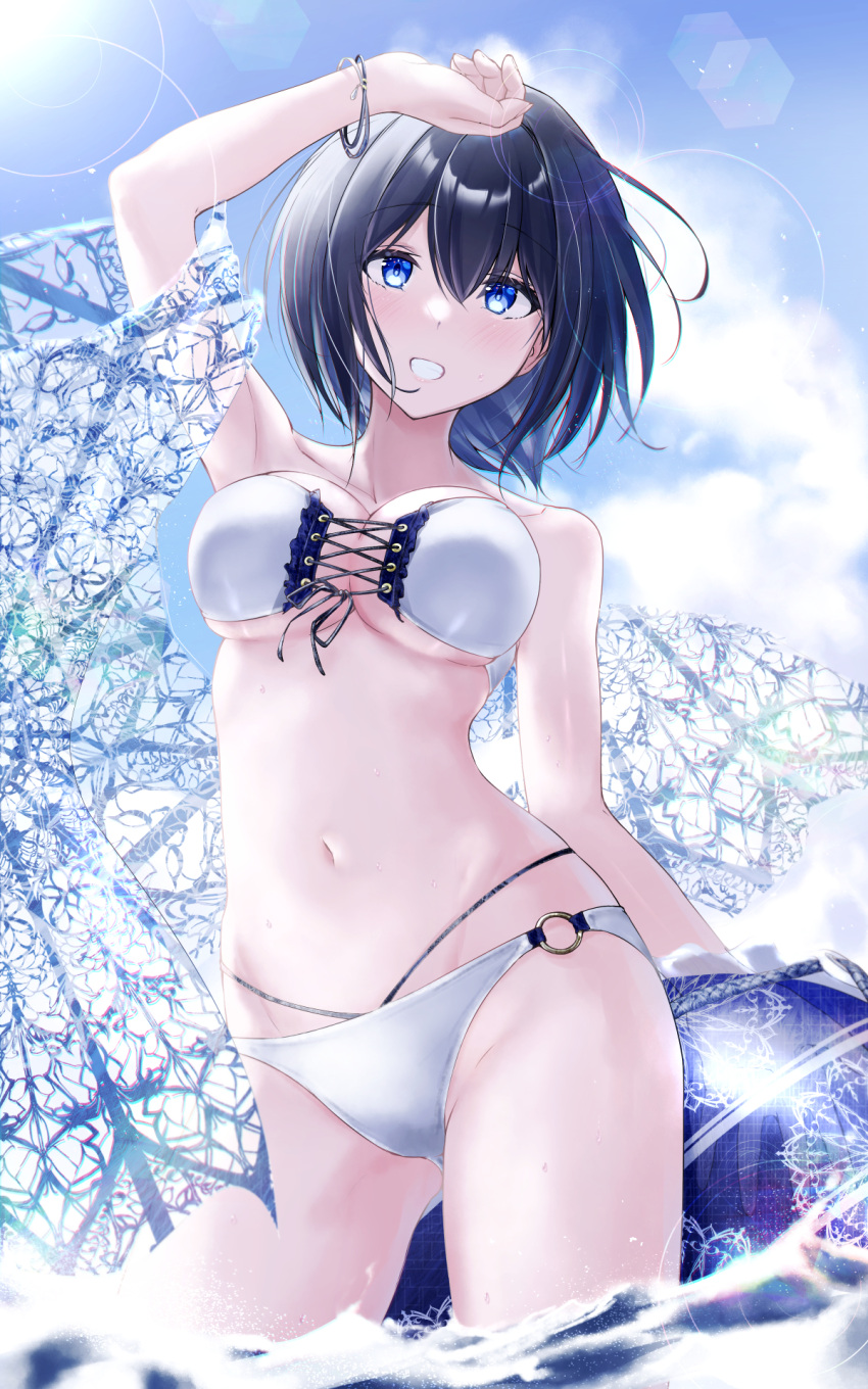 1girl arm_up bare_arms bikini black_hair blue_eyes blue_sky blush bracelet commentary_request day grin hair_between_eyes highres innertube jewelry lens_flare looking_at_viewer meen_(ouaughikepdvrsf) o-ring ocean open_mouth original partially_submerged photoshop_(medium) short_hair sky smile solo standing swimsuit underwear white_bikini