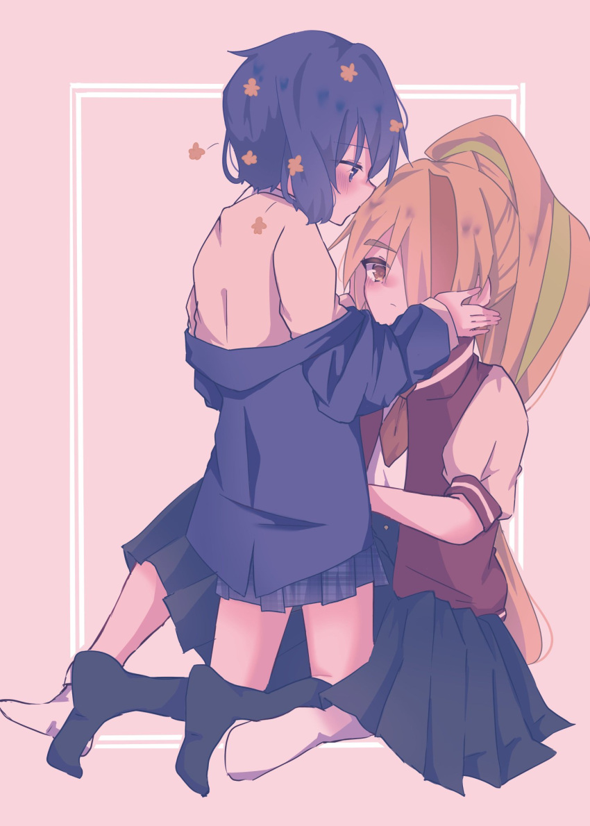 2girls black_hair blonde_hair blush brown_eyes closed_mouth full_body hair_over_one_eye highres jacket jacket_partially_removed kiss kissing_forehead kneehighs kneeling long_hair looking_at_another mizuno_ai multicolored_hair multiple_girls nikaidou_saki off_shoulder orange_hair pink_background plaid plaid_skirt pleated_skirt ponytail short_hair skirt socks streaked_hair sweater_vest yellow_sweater_vest yukineko_(hrt07121030) yuri zombie_land_saga