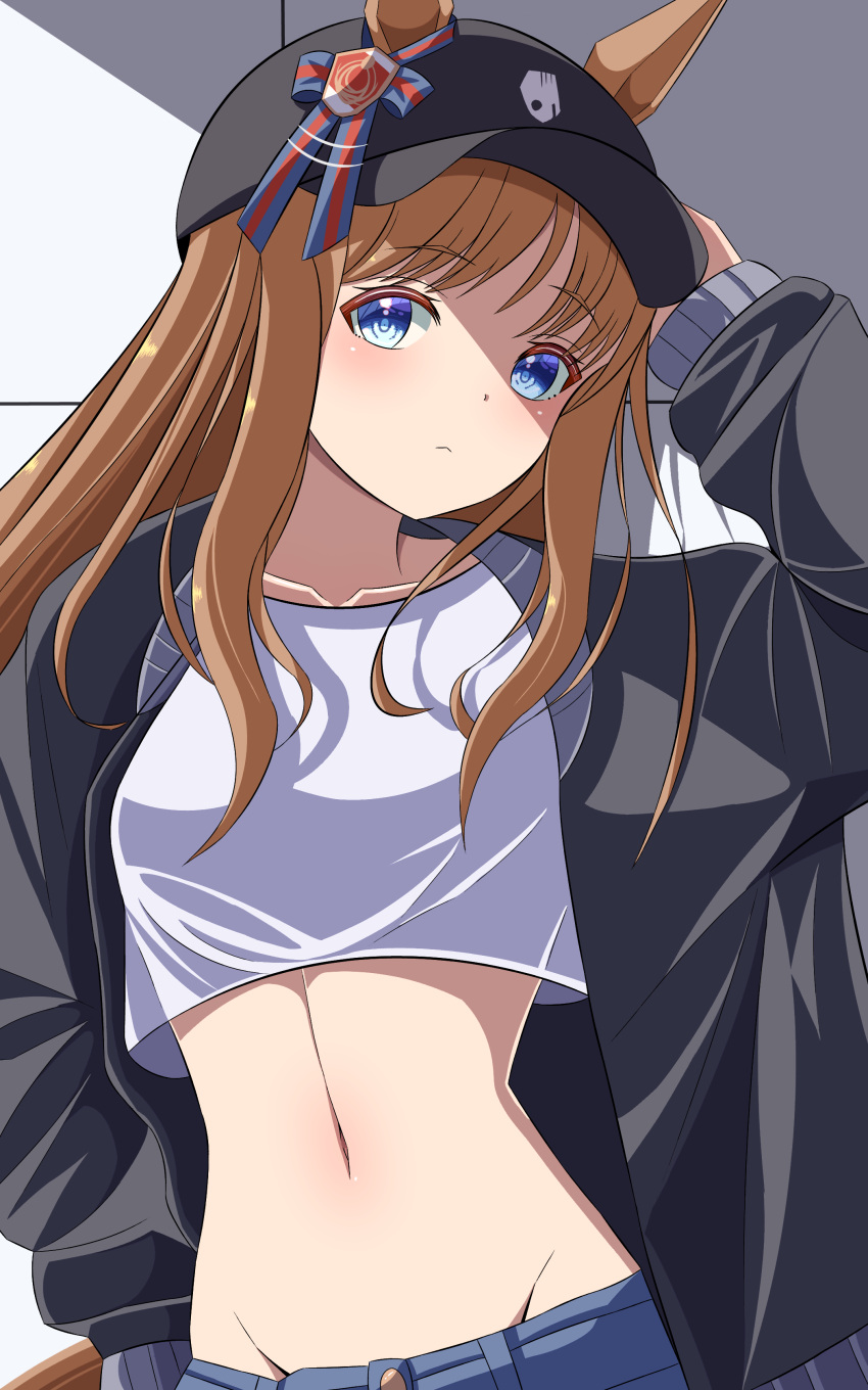 1girl 96dai_0313 absurdres alternate_costume animal_ears baseball_cap black_headwear blue_eyes blue_pants breasts brown_hair closed_mouth commentary_request cropped_shirt ears_through_headwear grass_wonder_(umamusume) groin hair_ornament hand_in_pocket hat highres horse_ears horse_girl horse_tail jacket long_hair long_sleeves looking_at_viewer midriff multicolored_hair navel open_clothes open_jacket pants ribbon shadow shirt small_breasts solo tail umamusume umayuru wall white_shirt