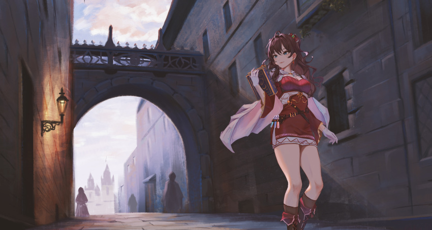 1girl :3 absurdres ahoge arch blue_eyes book boots breasts brown_footwear brown_hair cape commentary_request dress earrings highres holding holding_book ichinose_shiki idolmaster idolmaster_cinderella_girls jewelry lantern large_breasts long_hair outdoors qingli_ye red_dress short_dress solo test_tube wavy_hair white_cape