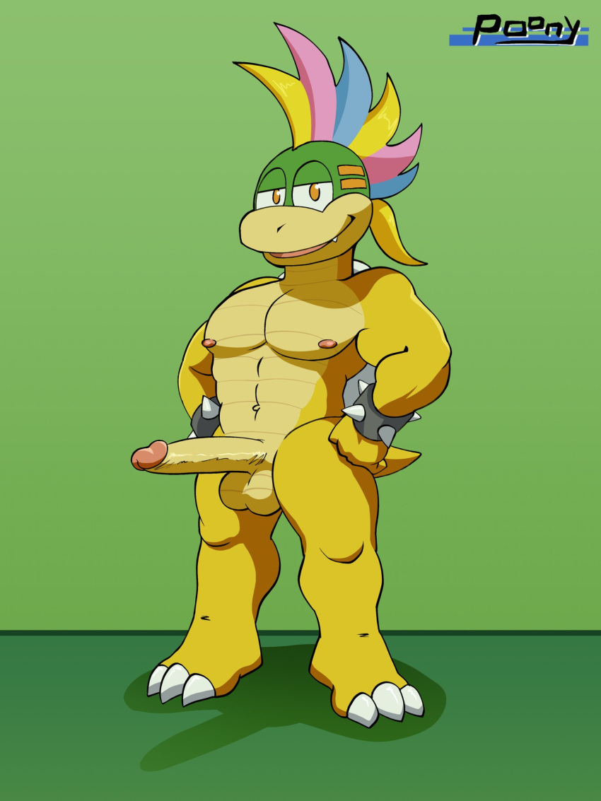 anthro balls biceps big_penis bracelet erection genitals hands_on_hips hi_res humanoid_genitalia jewelry koopa koopaling lemmy_koopa long_penis male mario_bros muscular muscular_male nintendo nipples pecs penis pooncartoonist reptile scalie smile solo spiked_bracelet spikes