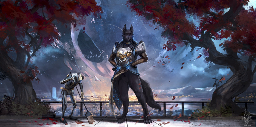 armor black_body black_fur canid canine canis city cleaner dark_eyes destiny_(video_game) destiny_2 drawing_sofa fur hi_res leaf machine male male/male mammal moon plant robot solo space tree wolf