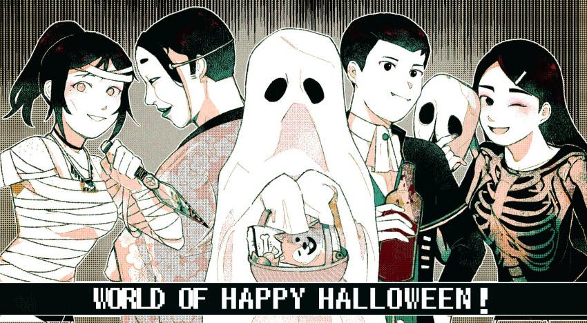 2boys 3girls :d aiko_takahashi ascot bag bandages basket black_hair blood blood_on_weapon body_freckles bottle breasts candy disembodied_eye dog floral_print food freckles ghost_costume hair_ornament hairclip halloween halloween_costume happy_halloween haru_(world_of_horror) highres holding holding_weapon japanese_clothes jewelry kimono kirie_minami knife kouji_tagawa long_hair looking_at_viewer mizuki_hamasaki multiple_boys multiple_girls necklace no_pupils one_eye_closed ponytail skeleton_print smile sunken_cheeks underboob vampire_costume weapon world_of_horror xqxbi