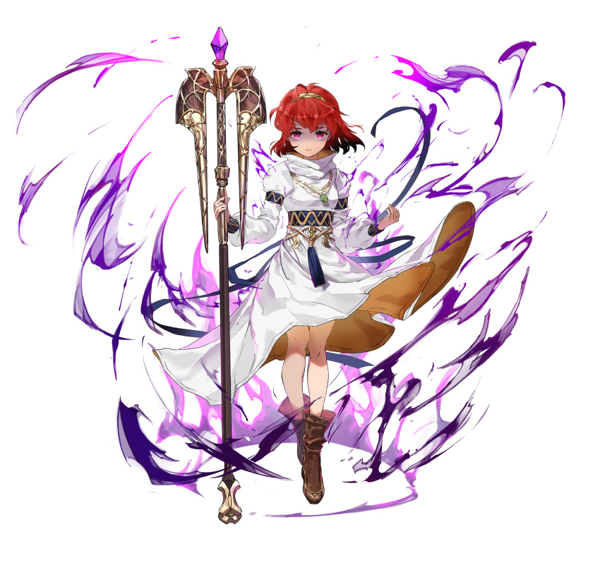 1girl aura brown_footwear commentary_request dark_aura dress fire_emblem fire_emblem:_mystery_of_the_emblem fire_emblem_heroes highres holding holding_staff looking_at_viewer maria_(fire_emblem) mayo_(becky2006) mind_control official_alternate_costume official_art purple_eyes red_hair short_hair solo staff tassel tiara white_background white_dress