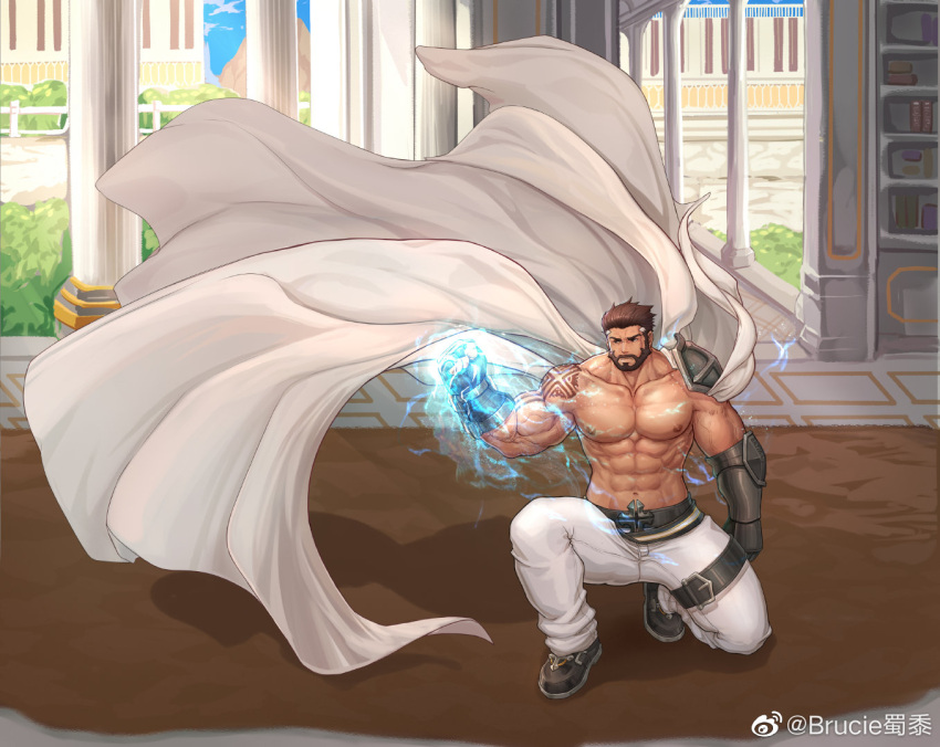 1boy abs aura bara beard biceps brown_hair cape character_request check_character column_lineup commission cross_print dungeon_and_fighter energy_fist facial_hair full_body kulolin large_pectorals leg_belt male_focus male_priest_(dungeon_and_fighter) mature_male multicolored_hair muscular muscular_male mustache navel nipples on_one_knee pants pectorals saint_(dungeon_and_fighter) second-party_source shirt short_hair shoulder_tattoo sidepec sleeveless solo streaked_hair tattoo thick_thighs thighs tight_clothes tight_shirt topless_male white_cape white_pants