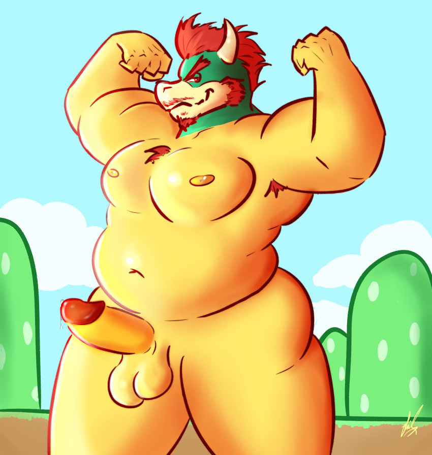 absurd_res anthro armpit_hair balls belly bodily_fluids body_hair bowser breasts chest_tuft chubby_anthro chubby_male erection facial_hair flexing gaygoat genital_fluids genitals hi_res koopa male mario_bros nintendo nipples nude pecs penis precum scalie simple_background solo thick_thighs tuft