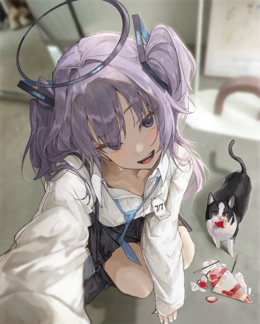 1girl black_skirt blue_archive blurry blurry_background blush cat crepe food fruit halo head_tilt highres id_card kuren_kren long_sleeves looking_at_viewer loose_necktie necktie open_collar purple_eyes purple_hair school_uniform shirt skirt smile solo spill squatting strawberry sweatdrop two_side_up white_shirt yuuka_(blue_archive)