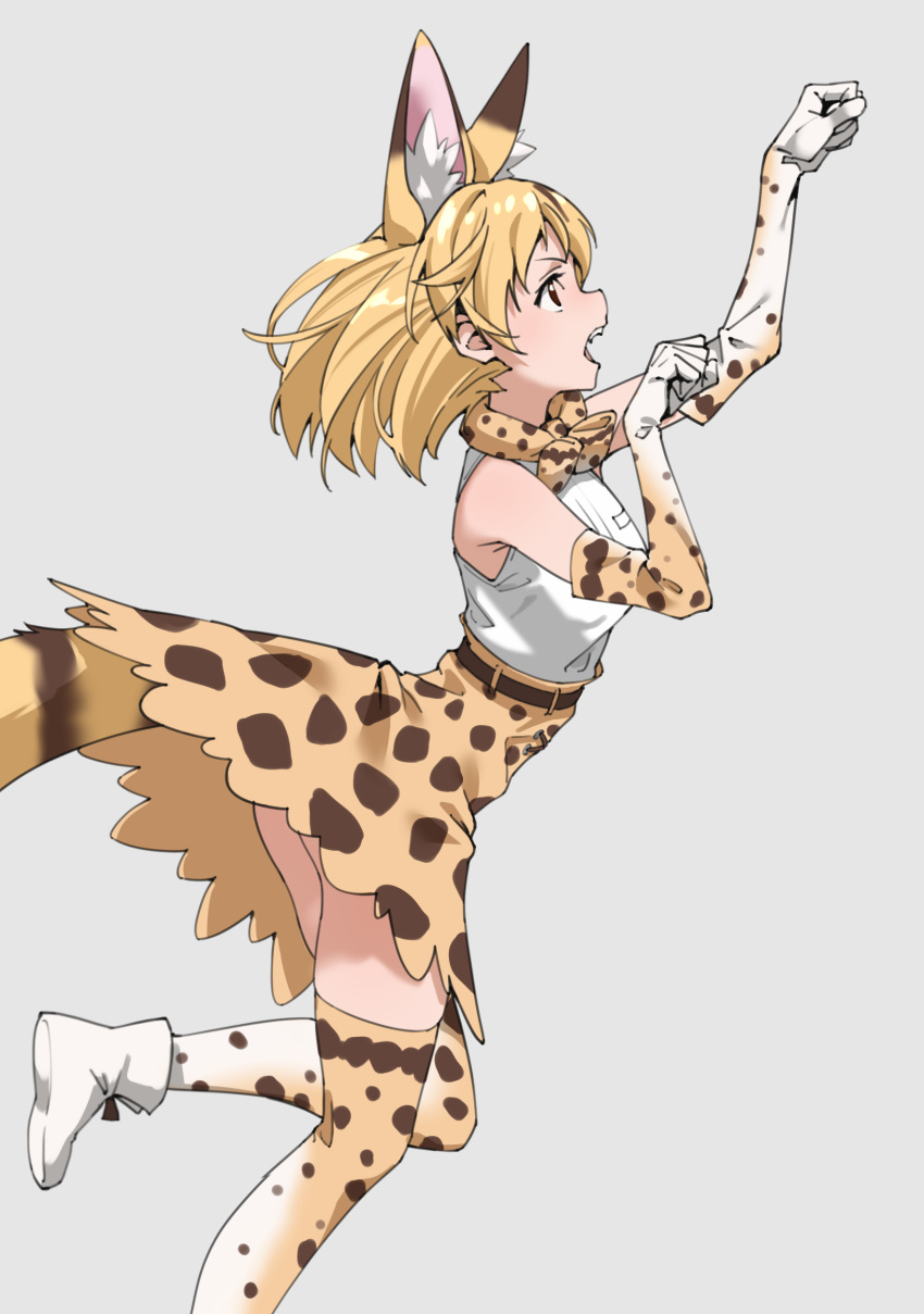 1girl absurdres animal_ear_fluff animal_ears bare_shoulders blonde_hair boots bow bowtie brown_eyes commentary elbow_gloves extra_ears from_side gloves grey_background high-waist_skirt highres kemono_friends looking_away medium_hair open_mouth print_bow print_bowtie print_gloves print_skirt print_thighhighs profile serval_(kemono_friends) serval_print shirt simple_background skirt sleeveless sleeveless_shirt solo tail tanabe_(fueisei) teeth white_footwear