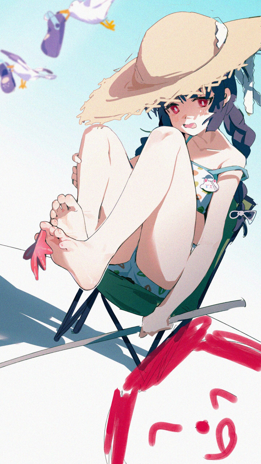 1boy 1girl absurdres arona's_sensei_doodle_(blue_archive) bare_legs barefoot between_toes bikini bird blue_archive blue_background blue_bikini blurry blurry_background braid chair chinese_commentary commentary_request feet film_grain full_body gradient_background grey_background hat highres holding inseki11 knees_apart_feet_together knees_up legs long_hair miyu_(blue_archive) miyu_(swimsuit)_(blue_archive) official_alternate_costume open_mouth outdoors purple_footwear red_eyes sandals seagull sensei_(blue_archive) sitting soles spread_toes strap_slip straw_hat swimsuit thighs toenails toes twin_braids