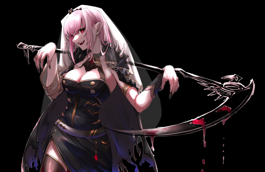 1girl absurdres black_background black_dress black_nails black_thighhighs black_tiara breasts cape cleavage dress gurenngi highres holding holding_scythe hololive hololive_english large_breasts long_hair looking_at_viewer mori_calliope mori_calliope_(1st_costume) nail_polish open_mouth pink_hair red_eyes scythe see-through see-through_sleeves see-through_veil sidelocks single_thighhigh smile spiked_cape teeth thighhighs torn_cape torn_clothes upper_teeth_only virtual_youtuber