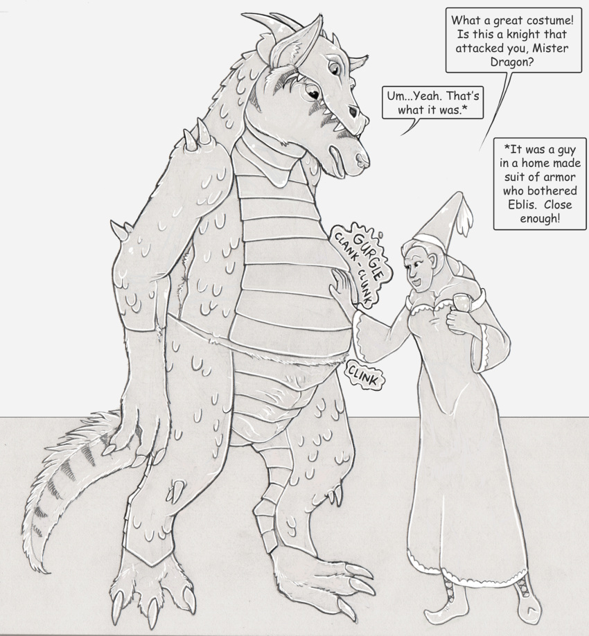 2018 anteater anthro anthro_pred biped bulge claws clothed clothing costume dialogue digestion_noises dragon duo eblis english_text female fully_clothed fully_inside furry_wearing_fursuit fursuit genital_outline greyscale halloween_costume hand_on_chest hi_res human larger_anthro larger_male male male/female male_pred mammal monochrome narration onomatopoeia penis_outline pilosan size_difference smaller_female smaller_human sound_effects speech_bubble story story_in_description strega text text_box vore witch_costume xenarthran