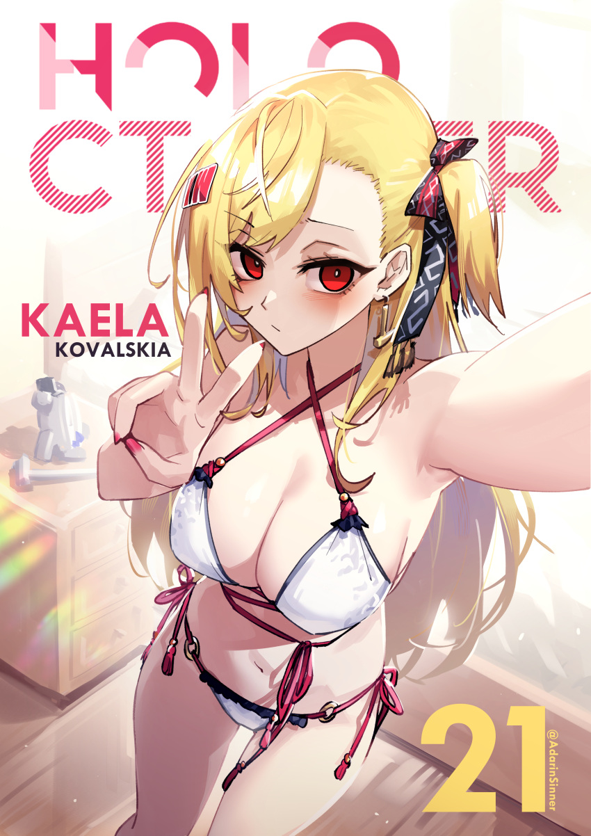 1girl absurdres adarin bikini blonde_hair blush breasts chest_of_drawers earrings highres hololive hololive_indonesia jewelry kaela_kovalskia long_hair looking_at_viewer navel red_eyes selfie side-tie_swimsuit solo swimsuit twitter_username v virtual_youtuber