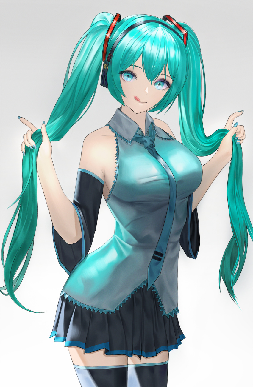 1girl absurdres aqua_eyes aqua_hair aqua_nails aqua_necktie aqua_shirt black_thighhighs blue_trim breasts closed_mouth collared_shirt detached_sleeves grey_background hair_between_eyes hatsune_miku headset highres large_breasts long_hair looking_at_viewer necktie pleated_skirt shirt simple_background skirt sleeveless smile solo thighhighs tongue tongue_out twintails very_long_hair vocaloid yami_(rear4742)