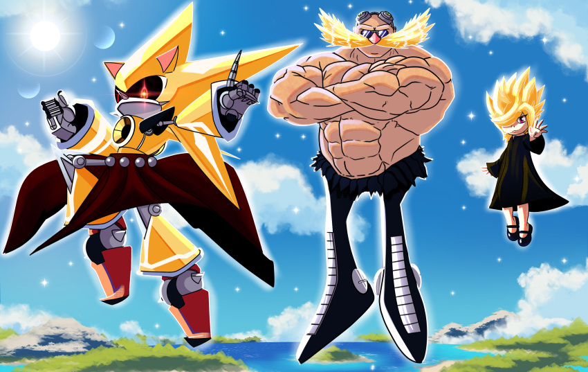 clothing cloud dr._eggman duo female glowing hi_res human humanoid invalid_background island light lighting machine male male/female mammal muscular muscular_male neo_metal_sonic robot sea sega shirtless shirtless_male sky sonic_the_hedgehog_(series) sun water