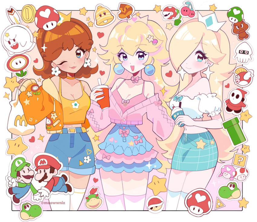 1-up_mushroom 3girls artist_name blonde_hair blopper blue_eyes boo_(mario) bowser_jr. character_sticker cheep_cheep coin crop_top crown double_cherry earrings fire_flower flower flower_earrings gold_coin goomba hair_ornament hair_over_one_eye highres jacket jewelry long_hair looking_at_viewer luigi mario mario_(series) mcdonald's medium_hair meowwniz multiple_girls one_eye_closed open_clothes open_jacket open_mouth piranha_plant princess_daisy princess_peach red_shell_(mario) rosalina shorts shy_guy sleeveless star_(sky) star_(symbol) star_earrings sticker super_bell super_leaf super_mario_galaxy super_mushroom the_legend_of_zelda toad_(mario) toadette triforce upper_body warp_pipe yoshi