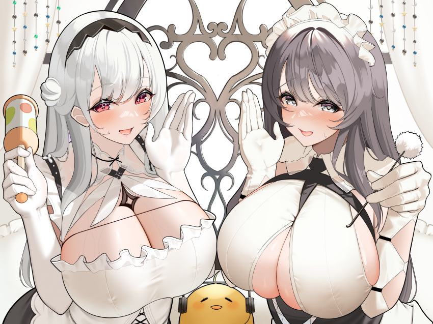 absurdres azur_lane breasts charybdis_(azur_lane) cleavage cleavage_cutout clothing_cutout cotton_swab gloves grey_eyes grey_hair headphones highres large_breasts maid maid_headdress manjuu_(azur_lane) open_mouth rattle red_eyes scylla_(azur_lane) white_gloves white_hair yomare