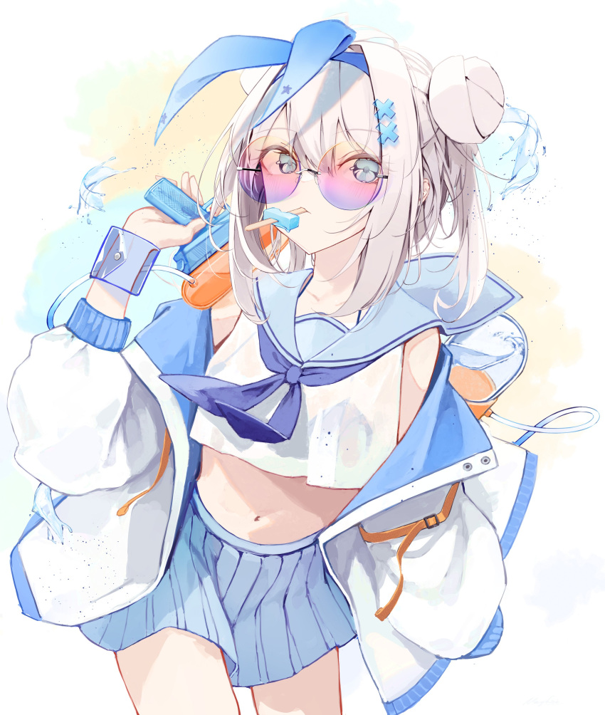 1girl absurdres blue_eyes blue_hairband blue_neckerchief blue_ribbon blue_sailor_collar blue_skirt commentary_request crop_top double_bun food food_in_mouth grey_eyes grey_hair hair_bun hair_intakes hair_ribbon hairband hand_up highres holding jacket long_sleeves looking_at_viewer mayogii midriff mouth_hold navel neckerchief off_shoulder open_clothes open_jacket original pleated_skirt popsicle puffy_long_sleeves puffy_sleeves purple-tinted_eyewear ribbon round_eyewear sailor_collar school_uniform see-through serafuku shirt skirt sleeveless sleeveless_shirt solo sunglasses tinted_eyewear water water_gun white_jacket white_shirt wrist_cuffs