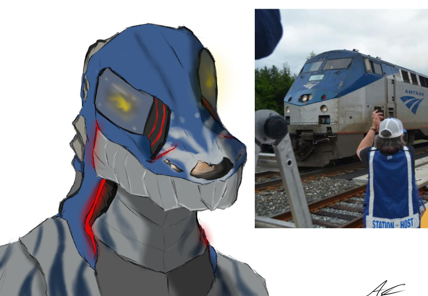 2023 amtrak anthro aquacuga belly belly_scales black_body black_markings black_scales blue_body blue_markings blue_scales blue_sclera bust_portrait digital_drawing_(artwork) digital_media_(artwork) dragon ge_genesis general_electric grey_belly grey_body grey_scales headlights hi_res how_to_dragon_your_train hybrid living_machine living_train living_vehicle locomorph locomotive machine male markings meme multicolored_body multicolored_scales nude photo portrait red_markings reference_image reptile scale_markings scales scalie signature simple_background solo train two_tone_body united_states_of_america unusual_anatomy unusual_eyes vehicle white_background yellow_eyes