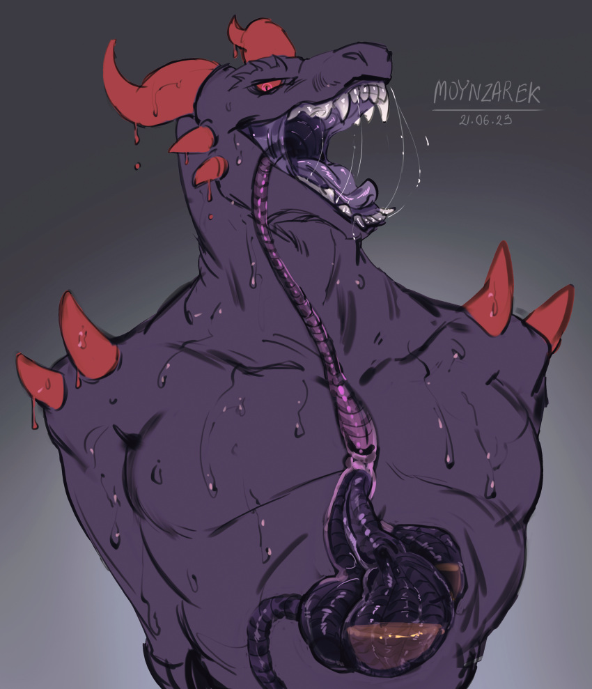 abs absurd_res anthro bodily_fluids claws crop_(anatomy) devourer_(razor_koopa) digital_media_(artwork) dragon esophageal_sphincter esophagus fangs forked_tongue fully_inside goo_creature goo_dragon goo_dripping guts hi_res horn imminent_vore inside_stomach internal larger_pred looking_at_viewer male male_pred mouth_shot moynzarek multi_stomach muscular muscular_anthro muscular_male open_mouth oral_vore organs pecs purple_body red_eyes saliva saliva_on_tongue saliva_string simple_background size_difference slime solo stomach stomach_acid swallowing teeth throat tongue tongue_out vore