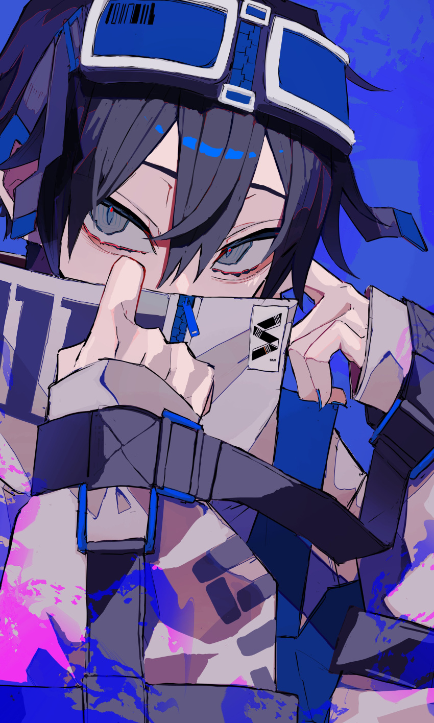 1boy absurdres bishounen black_eyes black_hair blue_background character_request collarbone copyright_request hand_up hat high_collar highres jacket male_focus short_hair simple_background solo tagme tosiyu3617