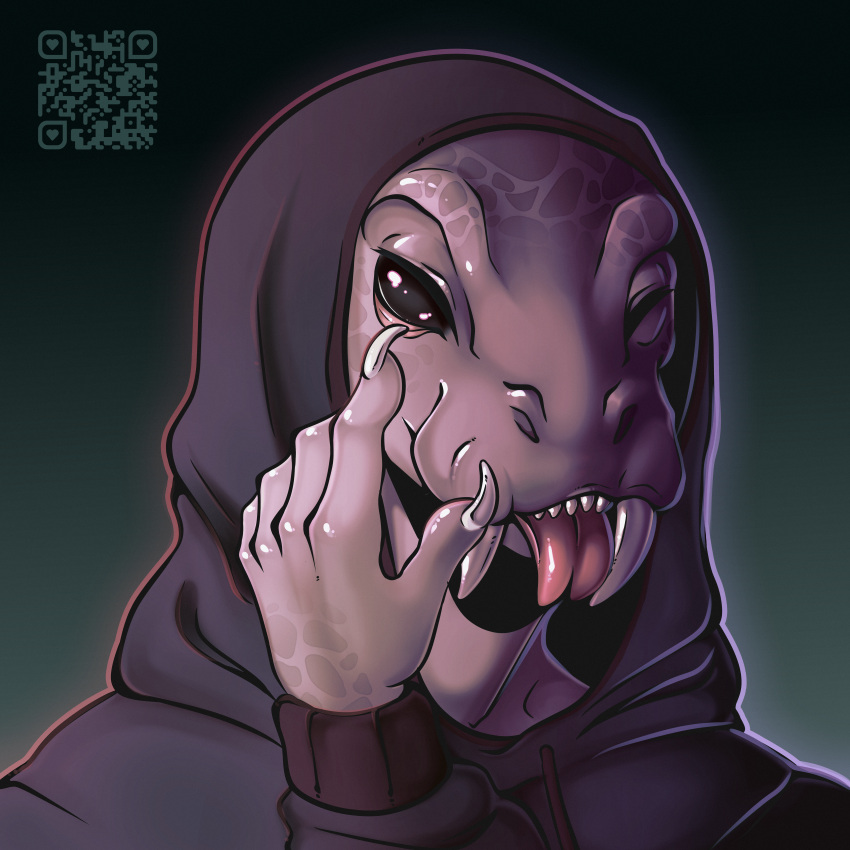 2023 absurd_res anthro black_eyes claws claws_out clothed clothing colored digital_drawing_(artwork) digital_media_(artwork) dragon eyes_closed fangs hi_res hoodie lizard looking_at_viewer male markings portrait purple_body purple_skin reptile sabertooth_(anatomy) scale_markings scales scalie shaded signature simple_background smile solo solo_focus teasing teeth teeth_showing text tongue tongue_out topwear url watermark wushruw