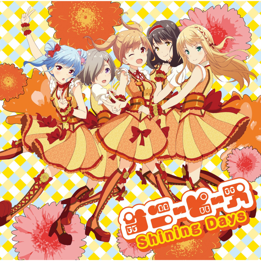 5girls :d absurdres album_cover blonde_hair blue_eyes braid brown_hair cover double_bun hair_bun hairband high_heels highres hyodou_shizuku ichinose_rei idoly_pride kawasaki_sakura_(idoly_pride) long_hair looking_at_viewer multiple_girls official_art one_eye_closed open_mouth purple_eyes red_eyes saeki_haruko_(idoly_pride) shiraishi_chisa short_hair smile sunny_peace twintails uniform