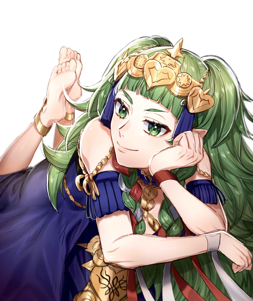 1girl absurdres anklet arm_support barefoot blue_dress blunt_bangs braided_sidelock closed_mouth commentary_request detached_sleeves dress eyelashes feet feet_up fire_emblem fire_emblem:_three_houses full_body green_eyes green_hair hand_up highres jewelry long_hair looking_at_viewer lying on_stomach pointy_ears red_ribbon ribbon shadow short_eyebrows short_sleeves shuri_(riri_shu) simple_background smile soles solo sothis_(fire_emblem) tiara toes white_background white_ribbon wristband