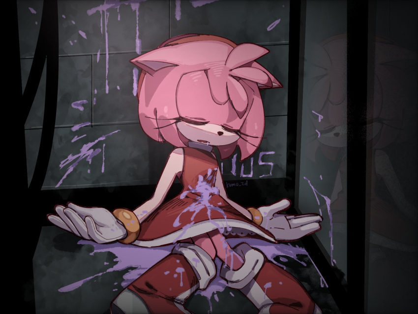1girl amy_rose animal_ear_fluff animal_ears animal_nose artist_name bare_shoulders bathroom body_fur boots breasts cat_girl closed_eyes commentary danganronpa:_trigger_happy_havoc danganronpa_(series) death dress english_commentary facing_viewer furry furry_female gloves grimace_shake_(meme) highres hope's_peak_academy indoors knee_boots knees_together_feet_apart kumo_zd mcdonald's medium_hair meme on_floor open_mouth parody pink_fur pink_hair purple_liquid red_dress scene_reference short_dress signature sitting sleeveless sleeveless_dress small_breasts solo sonic_(series) white_gloves