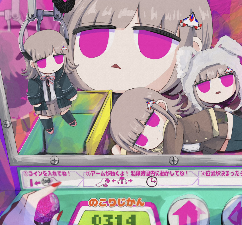 1girl animal_hood black_jacket black_thighhighs brown_hair brown_jacket brown_skirt character_doll closed_mouth crane_game danganronpa:_trigger_happy_havoc danganronpa_(series) danganronpa_2:_goodbye_despair danganronpa_3_(anime) enoshima_junko famima_de_neppuri galaga hair_ornament highres hood hope's_peak_academy_school_uniform jacket medium_hair miniskirt nanami_chiaki neck_ribbon open_clothes open_jacket open_mouth pink_eyes pink_footwear pleated_skirt pov rabbit_hood red_nails ribbon school_uniform shoes skirt tears thighhighs translation_request triangle_mouth