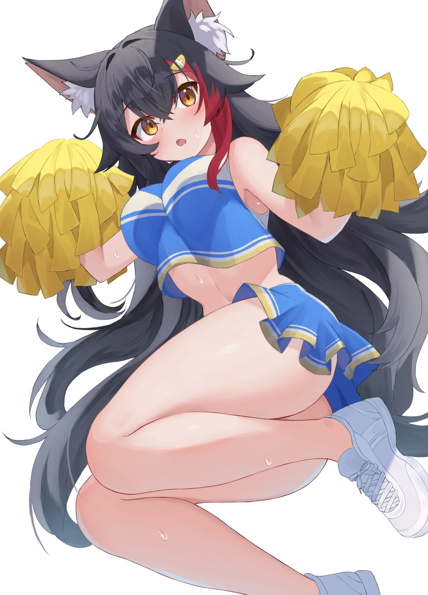 1girl absurdres animal_ear_fluff animal_ears ass black_hair blue_shirt blue_skirt blush breasts cheerleader commentary_request cropped_shirt hair_ornament hairpin highres holding holding_pom_poms hololive kajitsu_no_hito large_breasts long_hair looking_at_viewer miniskirt multicolored_hair ookami_mio open_mouth pom_pom_(cheerleading) red_hair revision shirt shoes skirt sleeveless sleeveless_shirt sneakers streaked_hair sweat virtual_youtuber white_background white_footwear wolf_ears wolf_girl yellow_eyes