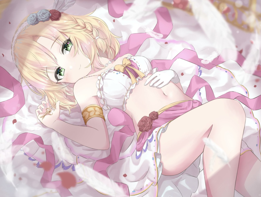 1girl armlet bandeau bare_shoulders blonde_hair blush braid breasts feather_hair_ornament feathers feet_out_of_frame flower frilled_bandeau gloves green_eyes hair_flower hair_ornament hairband highres holding holding_key idolmaster idolmaster_cinderella_girls key knee_up looking_at_viewer lying minamoto_tarou navel on_back pink_ribbon ribbon rose sakurai_momoka short_hair side_braid single_glove skirt small_breasts smile solo white_gloves