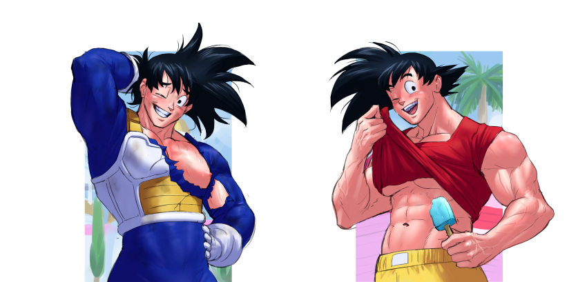 1boy abs arm_behind_head armor bara black_hair blue_bodysuit bodysuit broken_armor carless_(ppanic) chest_armor clothes_lift dragon_ball dragon_ball_z food gloves highres holding holding_food large_pectorals lifted_by_self male_focus muscular muscular_male navel nipples one_eye_closed pectorals popsicle red_shirt saiyan_armor shirt shirt_lift short_hair smile son_goku spiked_hair teeth torn_bodysuit torn_clothes white_gloves