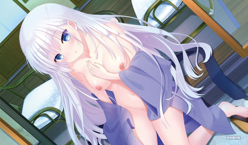 1girl arm_at_side bare_shoulders barefoot between_breasts blue_eyes blue_sash blunt_ends blush breasts circle_name collarbone comiket_102 commentary_request curvy dutch_angle eyes_visible_through_hair fingernails food groin hair_between_eyes hand_up head_between_breasts head_tilt highres indoors japanese_clothes kimono large_breasts long_hair long_sleeves looking_at_viewer naked_kimono naruse_shiroha navel otou_(otou_san) parted_lips purple_kimono sash second-party_source sidelocks sitting solo spiked_hair stomach straight_hair summer_pockets thighs very_long_hair white_hair wide_sleeves