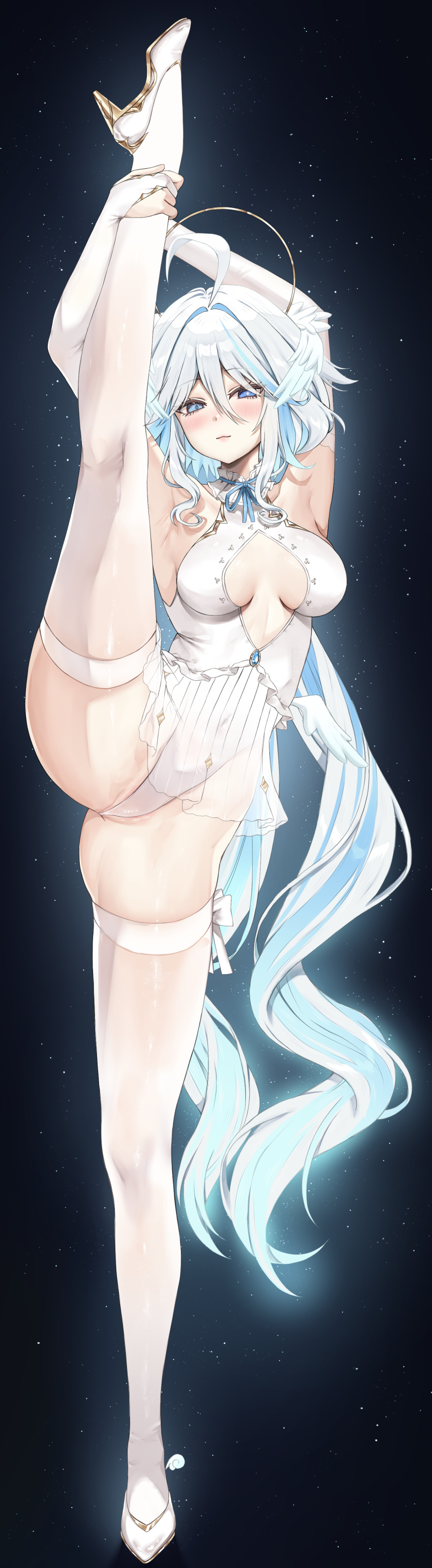1girl absurdres ahoge ballerina ballet blue_eyes blue_hair breasts commentary drop-shaped_pupils frilled_leotard frills furina_(genshin_impact) genshin_impact hair_between_eyes heterochromia high_heels highres leg_lift leotard light_blue_hair long_hair looking_at_viewer mismatched_pupils multicolored_hair small_breasts solo split standing standing_on_one_leg standing_split streaked_hair thighhighs thighs very_long_hair vitaminechan white_hair