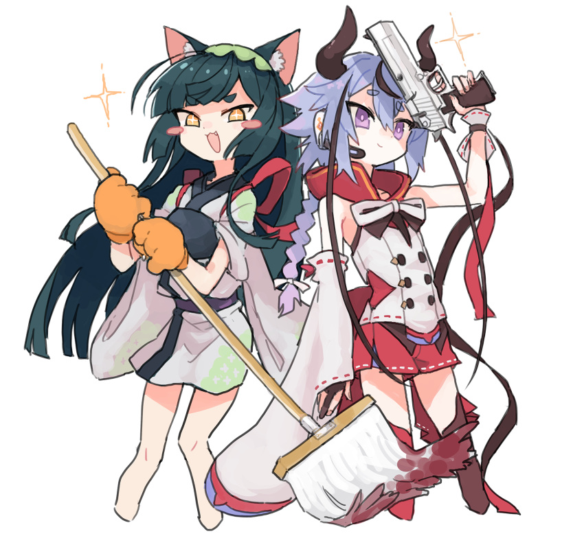+_+ 1girl 1other :3 animal_ear_fluff animal_ears animal_hands arm_up asymmetrical_legwear black_gloves blood blue_hair blunt_bangs blunt_ends blush_stickers braid braided_ponytail broom buttons cat_ears commentary_request cropped_legs desert_eagle detached_sleeves dress earpiece fang floating_hair gloves gradient_hair green_hair green_hairband gun hairband handgun highres hikimayu hime_cut holding holding_broom holding_gun holding_mop holding_weapon hood hood_down hooded_dress horns japanese_clothes kasa_(hitori_sanka) kemonomimi_mode kimono long_hair looking_at_viewer meika_mikoto mismatched_legwear mop multicolored_hair muneate obi partially_fingerless_gloves paw_gloves pigeon-toed purple_eyes purple_hair red_dress sash short_kimono simple_background single_detached_sleeve single_glove single_wrist_cuff sleeveless sleeveless_dress sleeveless_jacket sleeves_rolled_up smile sparkle streaked_hair tasuki touhoku_zunko two-handed vest voiceroid weapon white_background white_kimono white_vest wide_sleeves wrist_cuffs