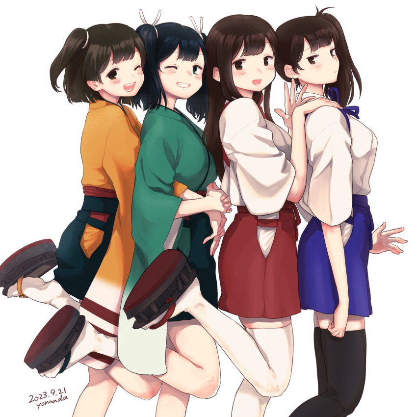 4girls akagi_(kancolle) black_hair black_thighhighs blue_hakama breasts brown_eyes commentary_request cowboy_shot green_hakama green_kimono hakama hakama_short_skirt hakama_skirt highres hiryuu_(kancolle) japanese_clothes kaga_(kancolle) kantai_collection kimono large_breasts multiple_girls one_eye_closed orange_kimono red_hakama side_ponytail skirt socks souryuu_(kancolle) standing standing_on_one_leg thighhighs twintails white_socks white_thighhighs yonnada1