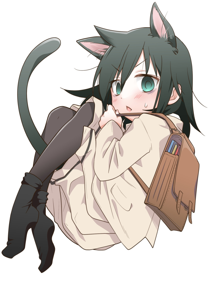 1girl animal_ear_fluff animal_ears backpack bag bags_under_eyes black_hair black_pantyhose black_socks blazer blush brown_jacket brown_skirt cat_ears cat_girl cat_tail chestnut_mouth commentary from_side full_body green_eyes hair_between_eyes highres hikaru_(ofuton_at5) holding_strap jacket kemonomimi_mode kuroki_tomoko long_hair long_skirt long_sleeves looking_at_viewer no_shoes pantyhose parted_lips pleated_skirt school_bag school_uniform simple_background skirt socks solo sweatdrop symbol-only_commentary tail v-shaped_eyebrows watashi_ga_motenai_no_wa_dou_kangaetemo_omaera_ga_warui! white_background