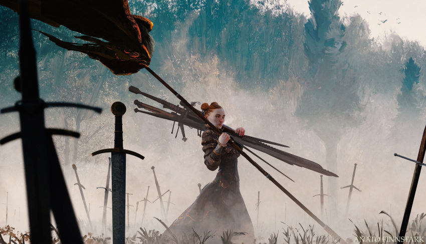 1girl absurdres anato_finnstark artist_name banner battle_standard battlefield bead_bracelet beads bird black_dress bracelet carrying carrying_over_shoulder claymore_(sword) commentary double_bun dress english_commentary field field_of_blades forest greatsword hair_bun hair_tie highres hilt holding holding_sword holding_weapon jewelry long_sword looking_at_viewer nature one_eye_closed planted planted_sword red_hair solo standing sword the_magpie_rhyme tree two-handed_sword war war_banner weapon wheat wheat_field