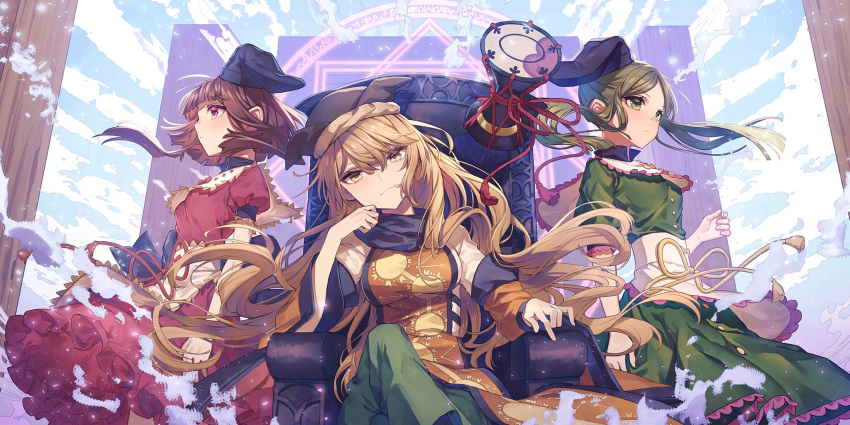 3girls 778-go black_headwear blonde_hair blush brown_hair closed_mouth collared_dress constellation_print detached_sleeves dress drum fingernails floating_hair green_dress green_eyes green_hair green_skirt hat highres instrument long_hair looking_ahead looking_at_viewer magic_circle matara_okina multiple_girls nishida_satono non-web_source official_art orange_sleeves orange_tabard pink_eyes puffy_short_sleeves puffy_sleeves red_dress red_ribbon ribbon second-party_source shirt short_sleeves skirt tabard tassel tate_eboshi teireida_mai touhou touhou_lost_word tsuzumi very_long_hair white_shirt yellow_eyes yellow_ribbon